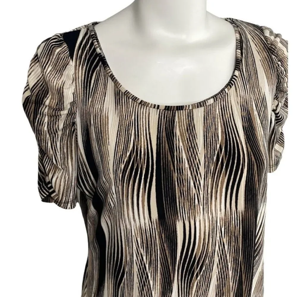 Worthington Brown Cream Black Stretch Knit‎ Ruched Sleeve Top sz Small